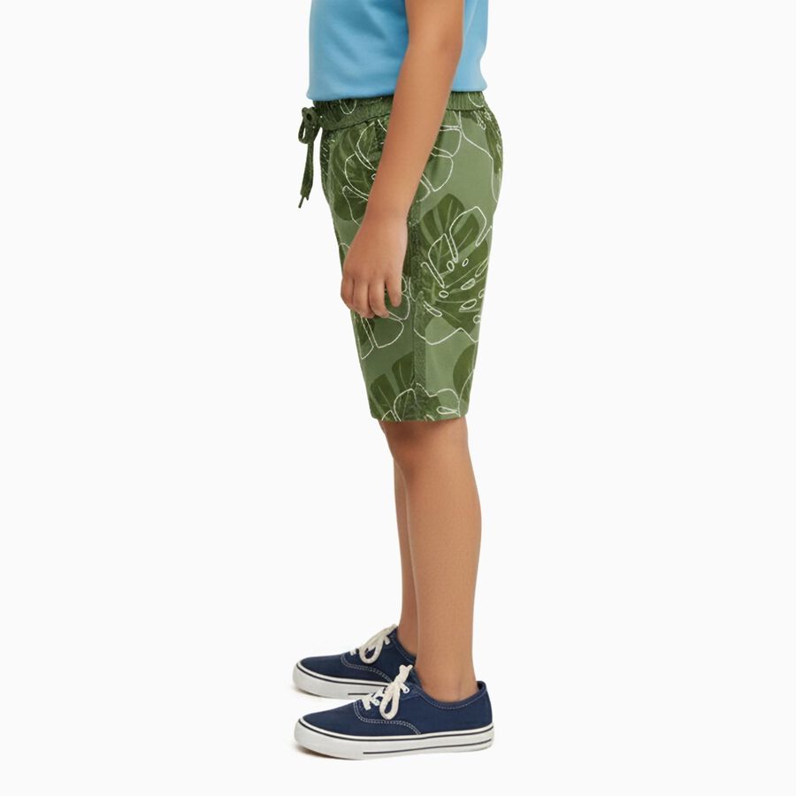 Boys' Tropical Green Cotton Printed Bermuda Shorts, ओलिव, large image number null