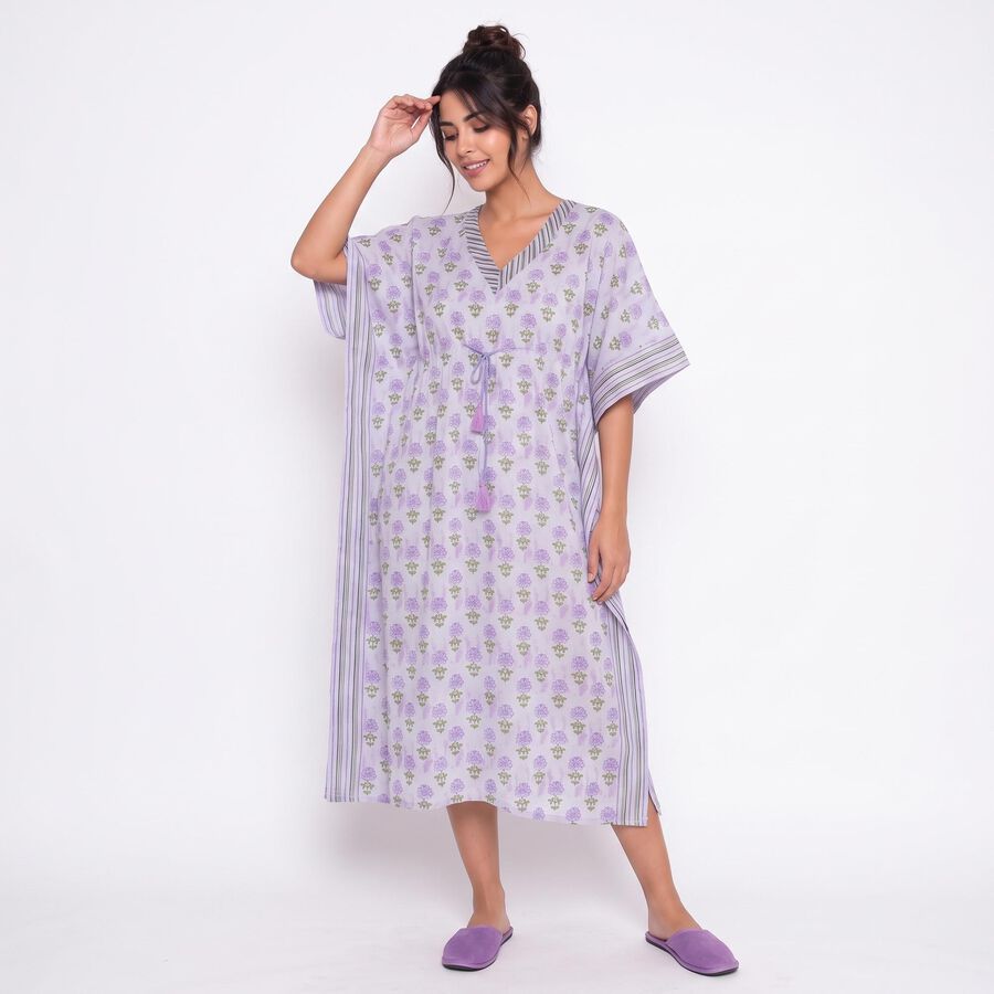 Women's Lavender V-Neck Kaftan Nighty, लाइलेक, large