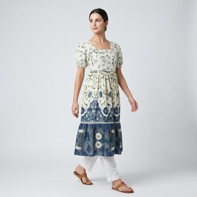 Women's Cream Cotton Square Neck Floral Printed Kurti