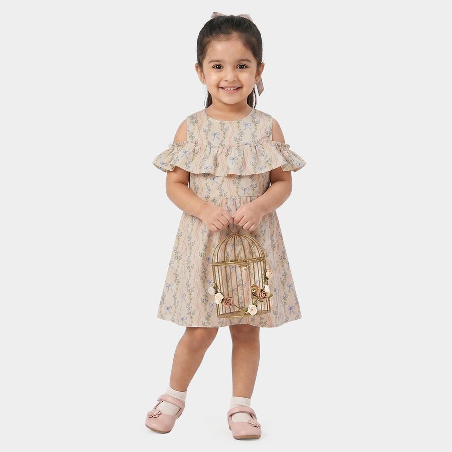 Girls' Light Pink Fit and Flare Floral Printed Cold Shoulder Frock, Light Pink, large