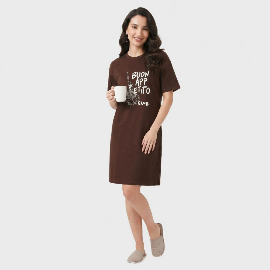 Women's Brown Cotton Round Neck T-Shirt Style Nighty, भूरा, large