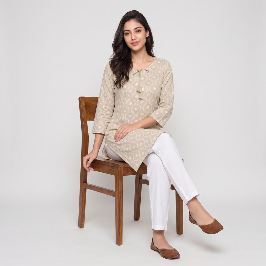 Women's Beige Round Neck Printed Kurta, Beige, large