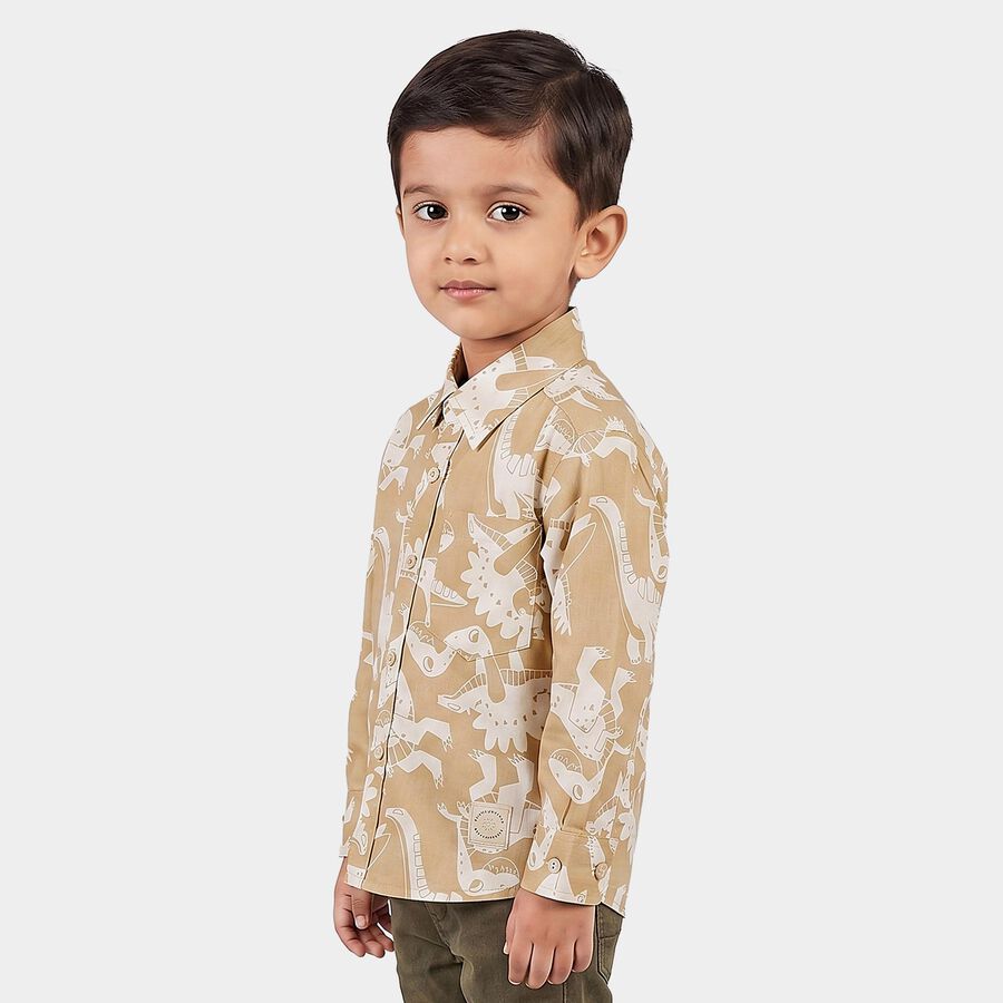 Boys Beige Cotton Printed Regular Fit Shirt, Beige, large
