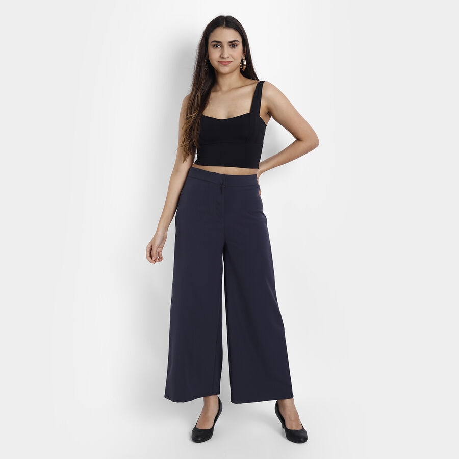 Solid Flared High Rise Trousers, Teal Blue, large image number null