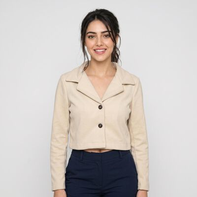 Women Off White Single-Breasted Cropped Blazer