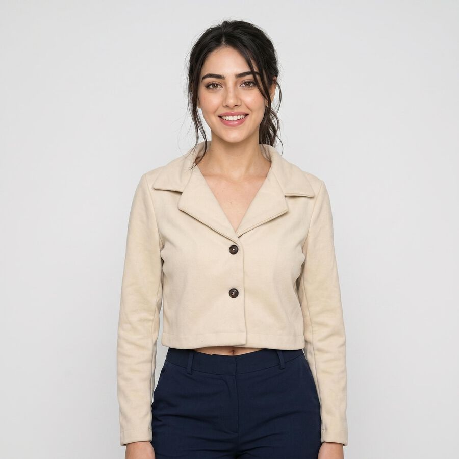 Women Off White Single-Breasted Cropped Blazer, Off White, large