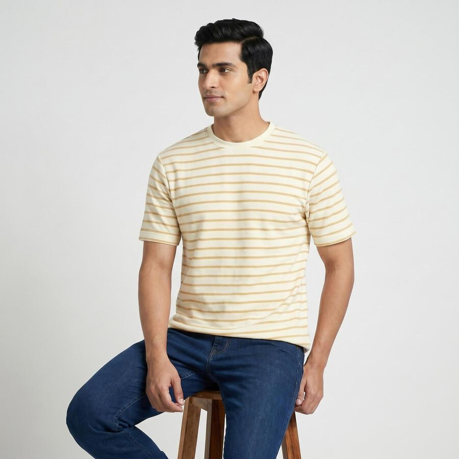 Men's Beige Round Neck Casual T-Shirt, गहरा पीला, large