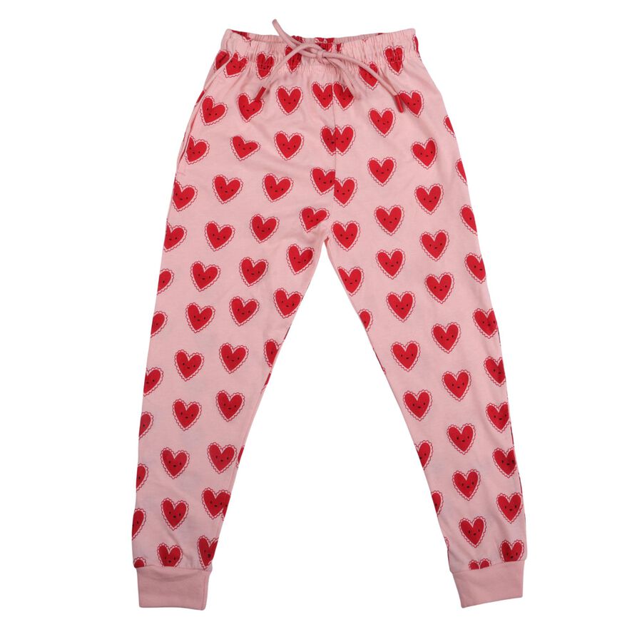 Girls Light Pink Regular Fit Heart Printed Pyjama, Light Pink, large