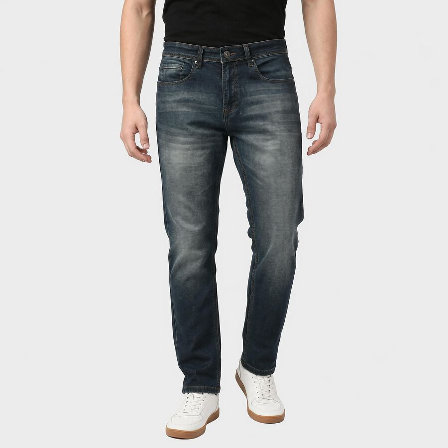 Men's Navy Blue Slim Fit Faded Jeans, Dark Blue, large