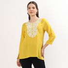 Women's Bright Mustard Yellow Round Neck Embroidered Kurti, पीला, small image number null