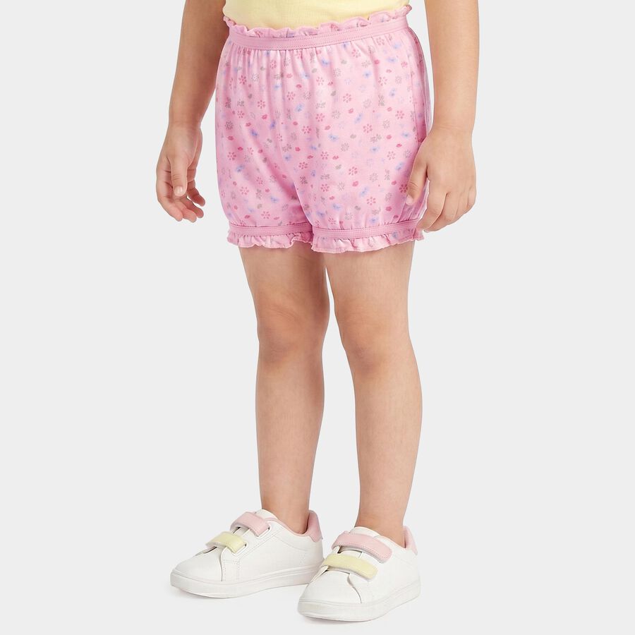 Girls Pink Ruffled Printed Bloomer Shorts, Light Pink, large