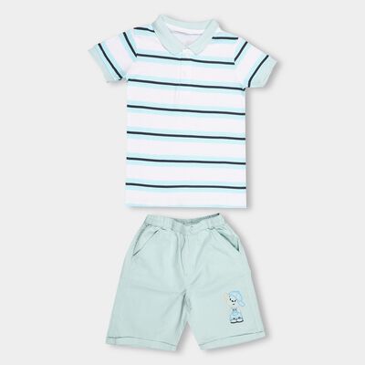 Boys' Aqua Cotton Polo Neck Striped Baba Suit
