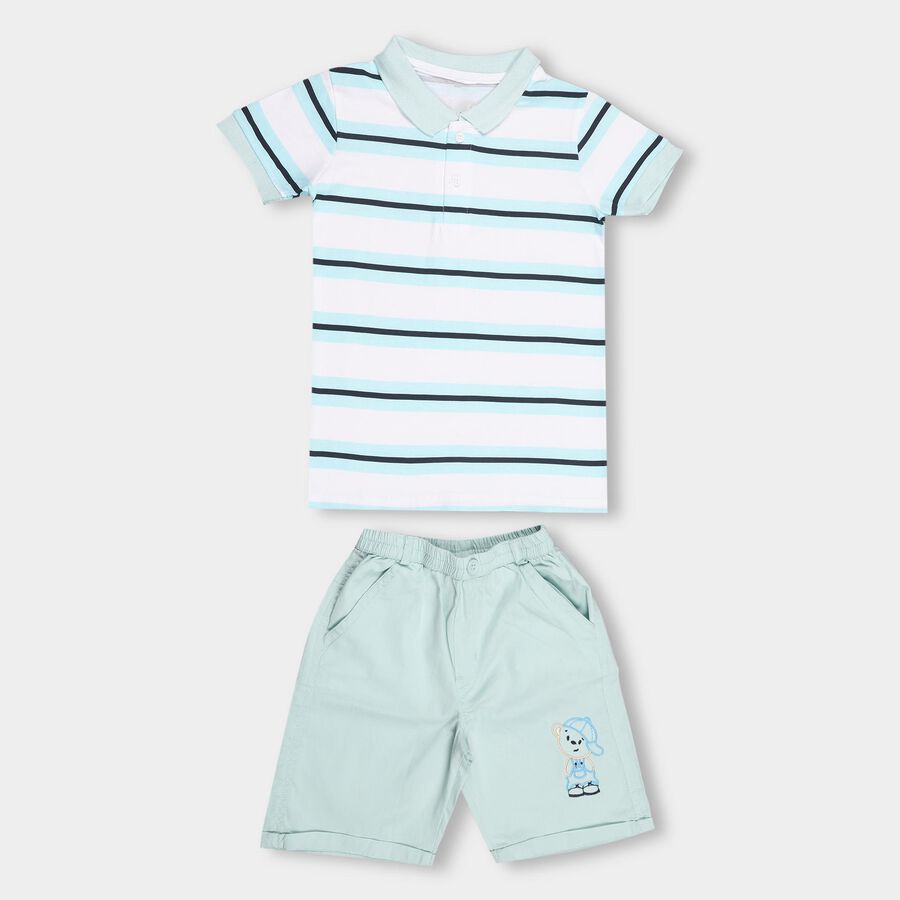 Boys' Aqua Cotton Polo Neck Striped Baba Suit, Aqua, large image number null