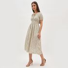 Women's Beige Tie Neck Romantic Midi Dress, Off White, small image number null