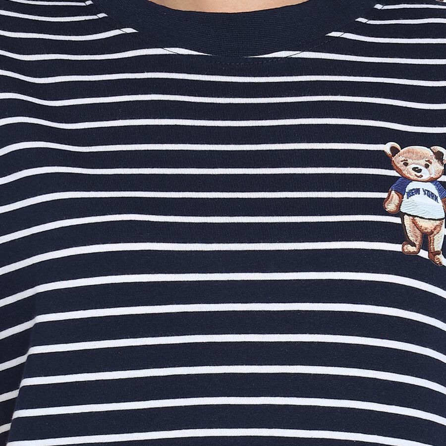 Ladies'  Stripes Round Neck T-Shirt, नेवी ब्लू, large image number null