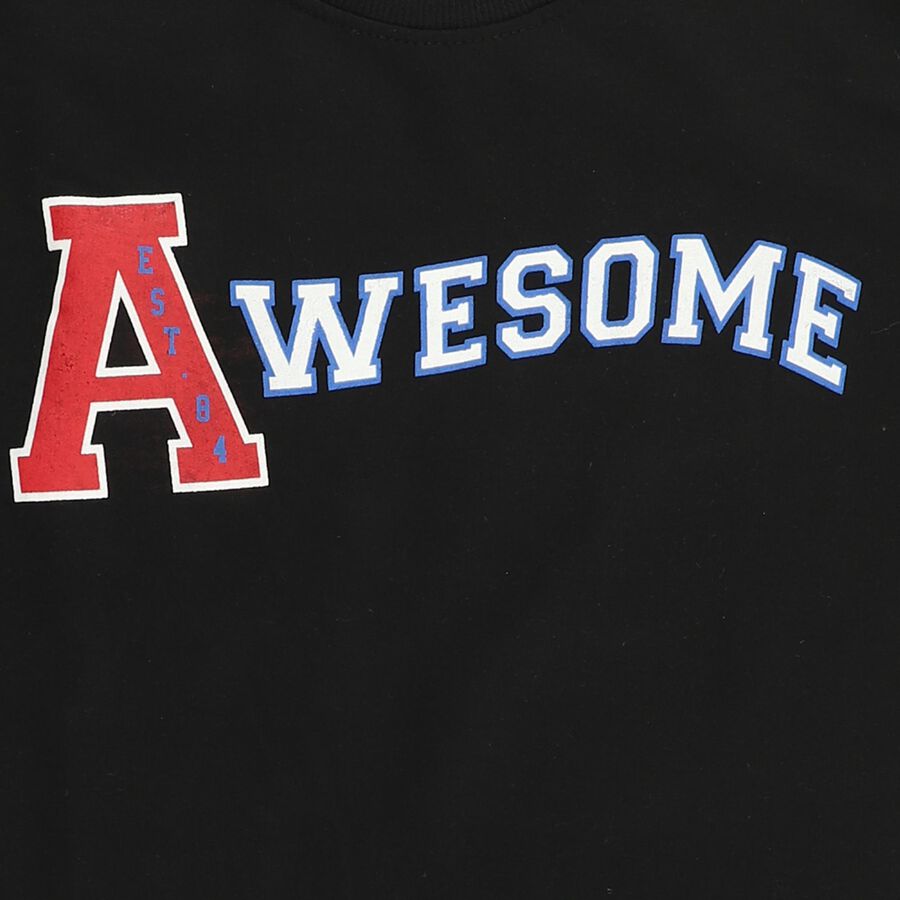 Boys Jet Black Crew Neck Graphic Sweatshirt, काला, large image number null