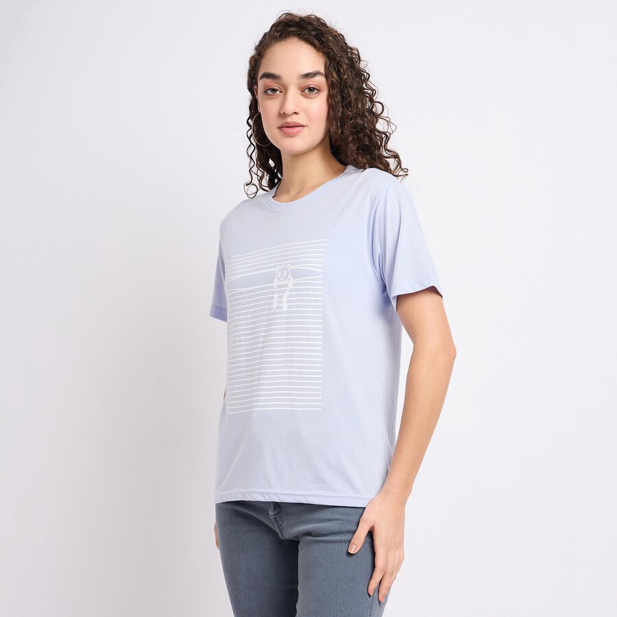 Ladies'  Stripes Round Neck T-Shirt, Light Blue, large image number null