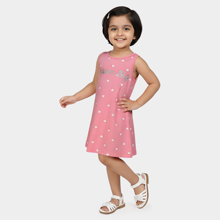 Girls' Pink Heart Printed Sleeveless A-Line Frock, Pink, large