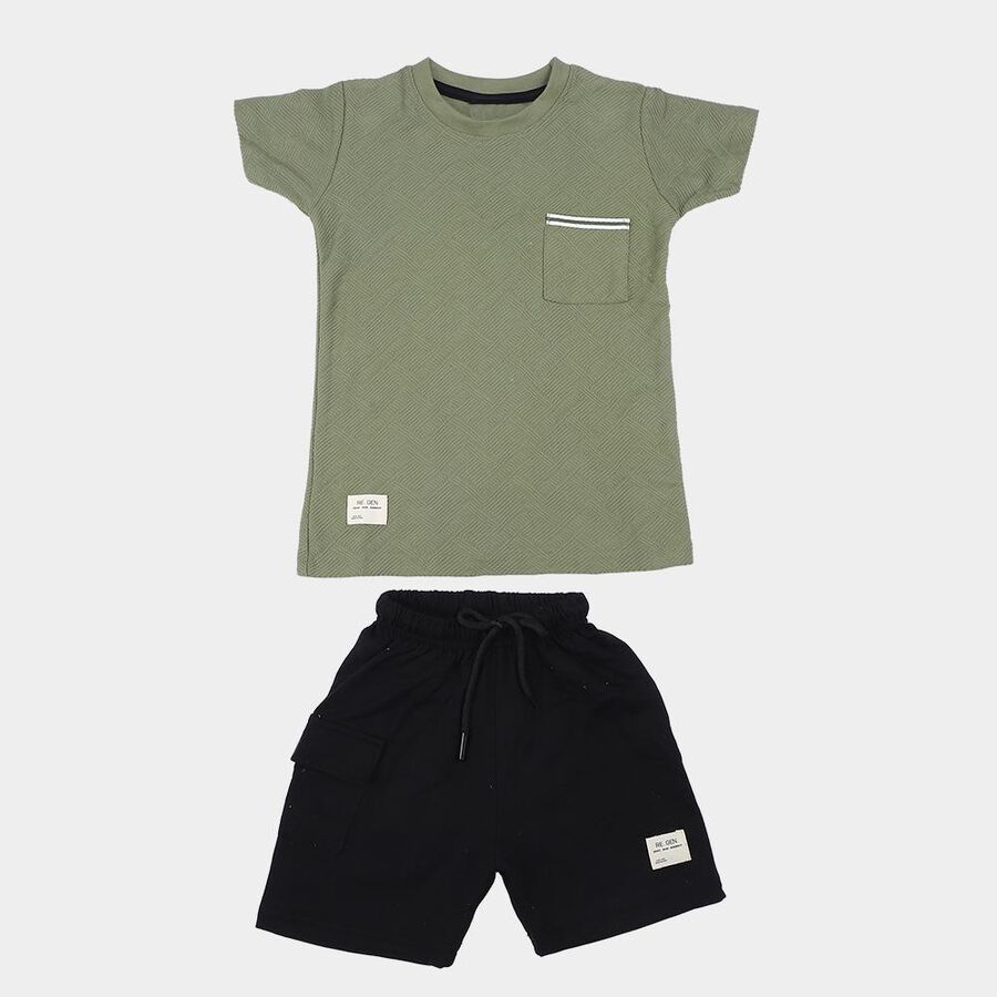 Boys Olive Green Round Neck Textured Baba Suit, ओलिव, large