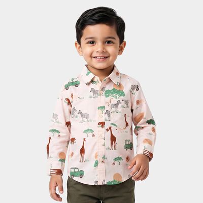 Boys Off White Cotton Collared Regular Fit Shirt