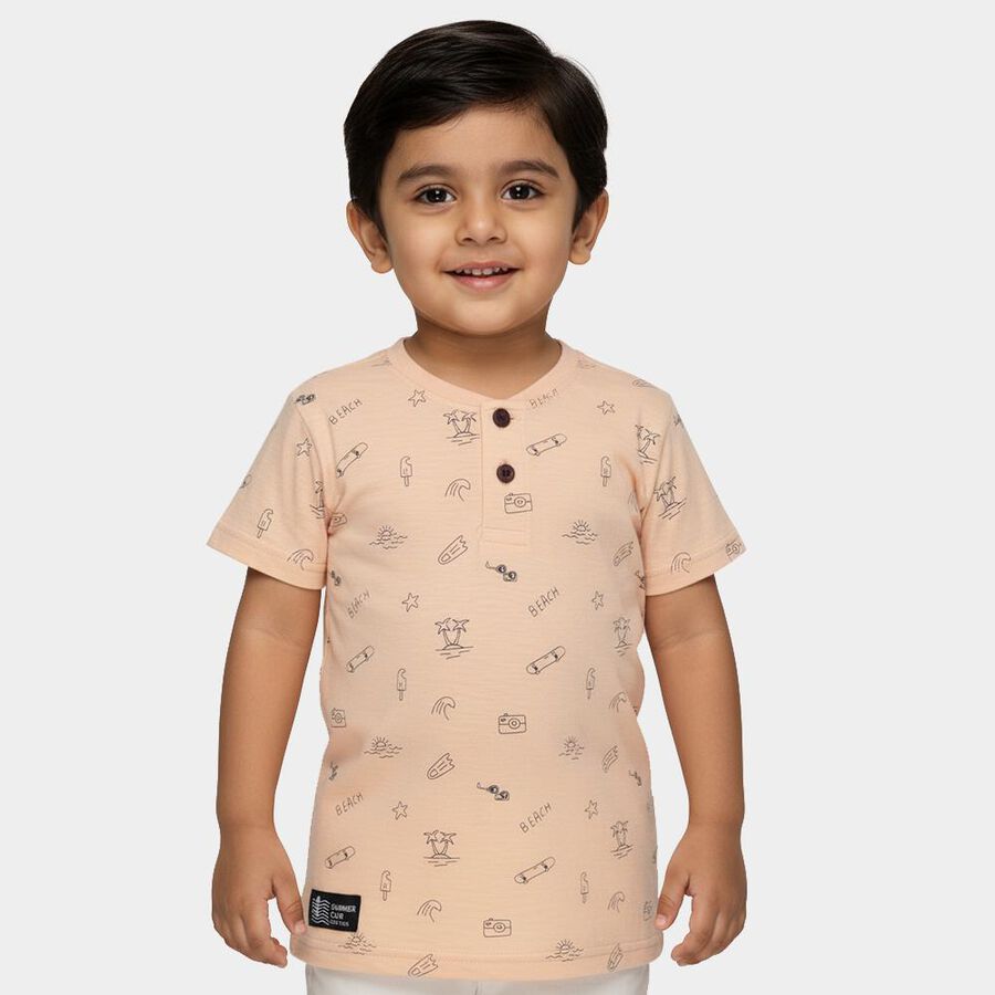 Boys Soft Peach Henley Neck Casual T-Shirt, Peach, large