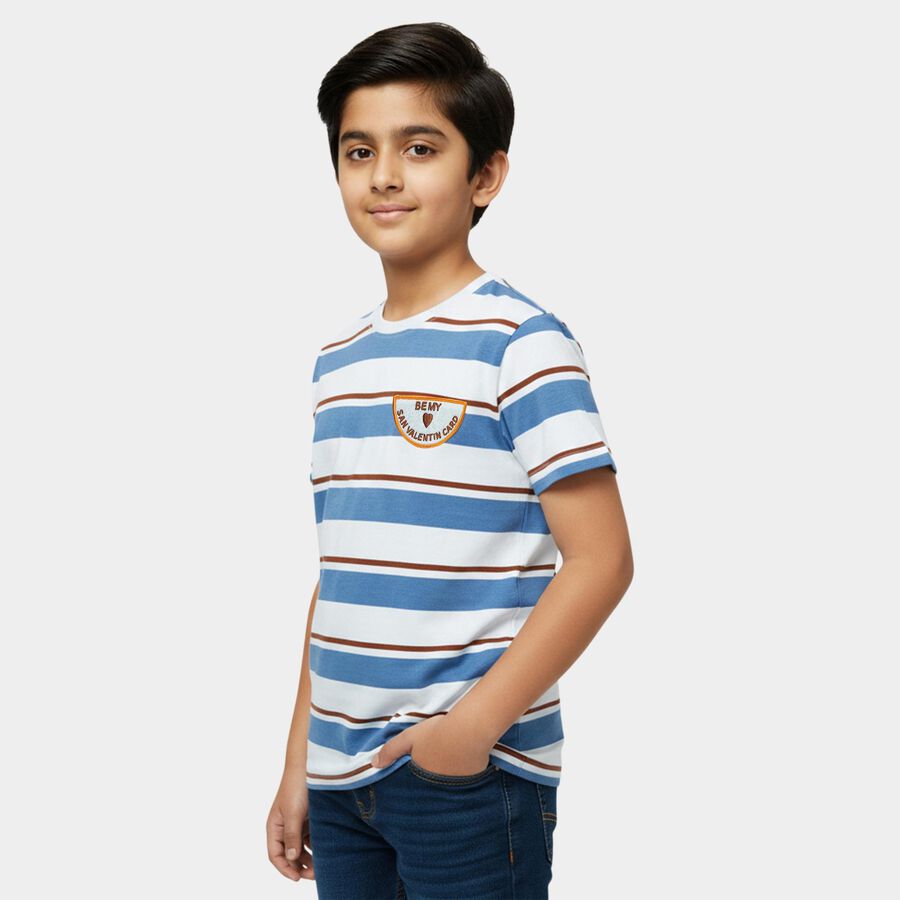 Boys Blue Cotton Round Neck Casual T-Shirt, मध्यम नीला, large