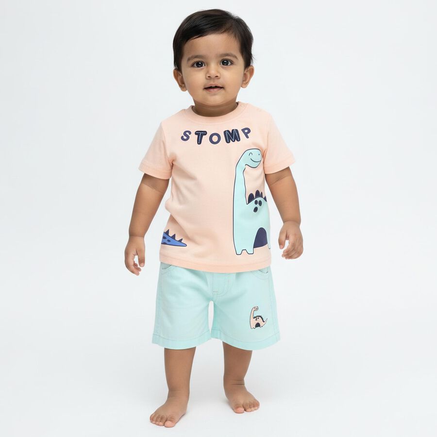 Infants' Light Peach Cotton Round Neck Dinosaur Printed Baba Suit, हल्का हरा, large image number null