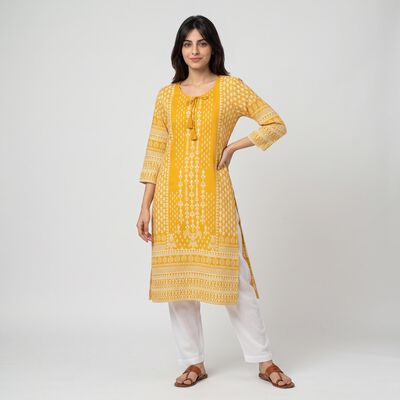 Women's Mustard Round Neck Printed Straight Kurta