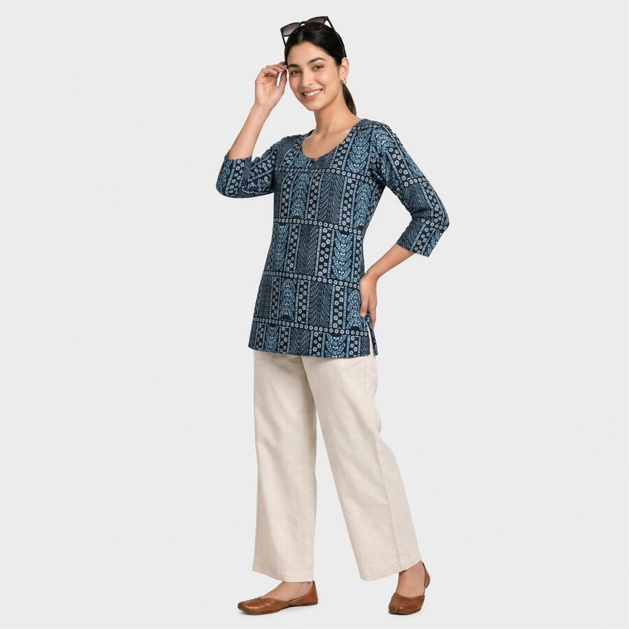 Women's Navy Blue Scoop Neck Printed Straight Kurti, Dark Blue, large