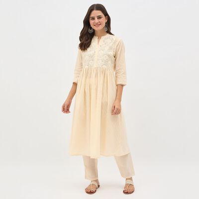 Women's White Cotton Embroidered Ethnic Set