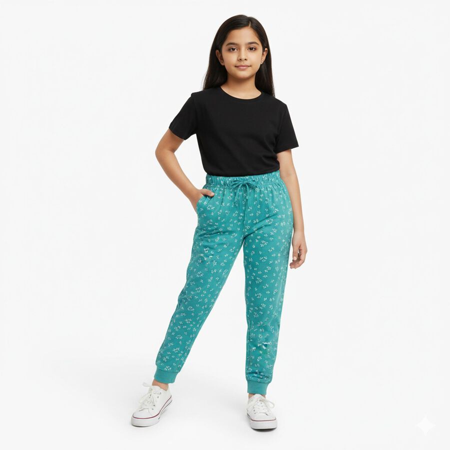 Girls' Teal Floral Printed Cotton Blend Pyjama, Light Green, large image number null