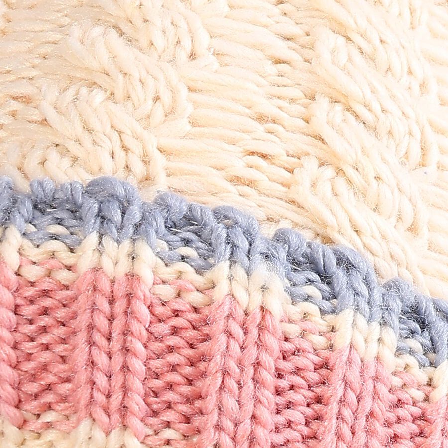 Women's Cream Knitted Pom-Pom Winter Cap, ऑफ व्हाइट, large image number null