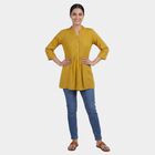 Women's Yellow Mandarin Collar Printed Straight Kurti, Mustard, small