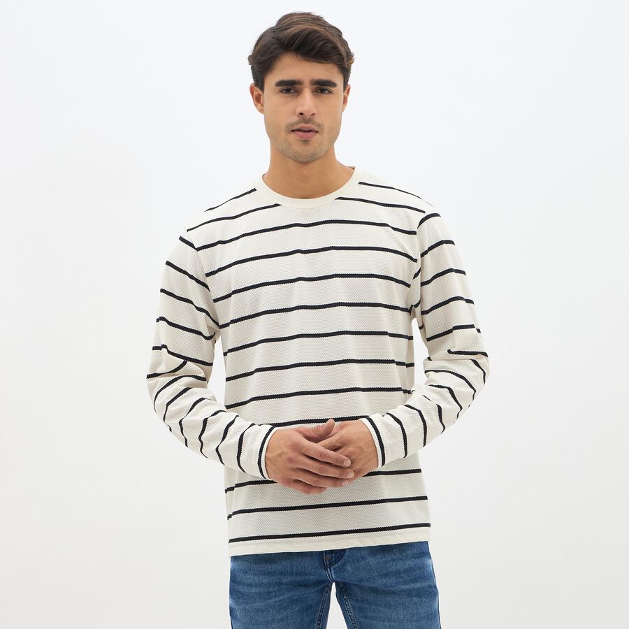 Men's Off-White Crew Neck Casual Full Sleeve T-Shirt, Off White, large image number null
