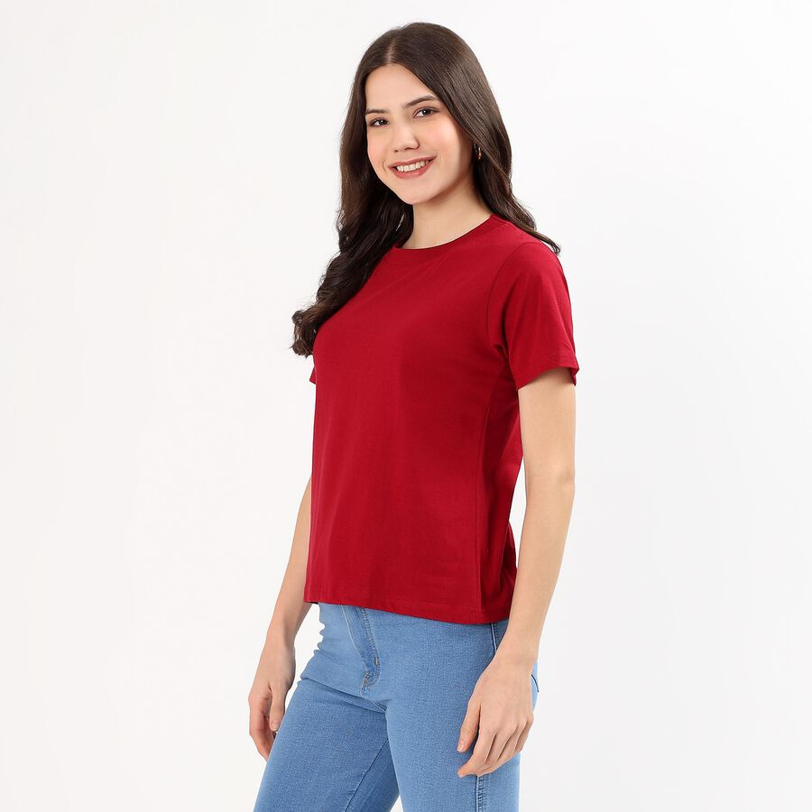 Women's Deep Crimson Red Cotton Round Neck Casual T-Shirt, Maroon, large