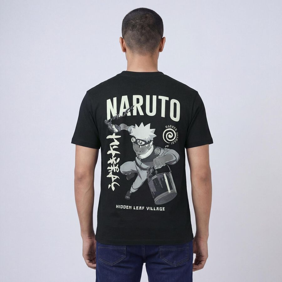 Men's Black Cotton Round Neck Casual T-Shirt, Black, large