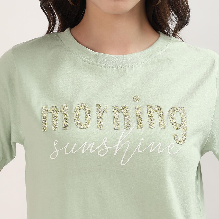 Women's Mint Green Cotton Round Neck Minimalist T-Shirt, हल्का हरा, large