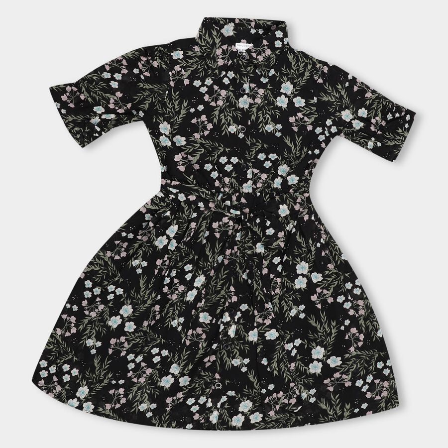 Girls' Black Collar Neck Gathered Dress, Black, large image number null