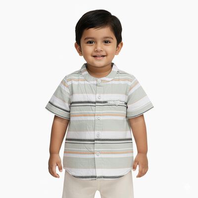 Infants' Light Sage Green Cotton Half Sleeve Mandarin Collar Casual Shirt