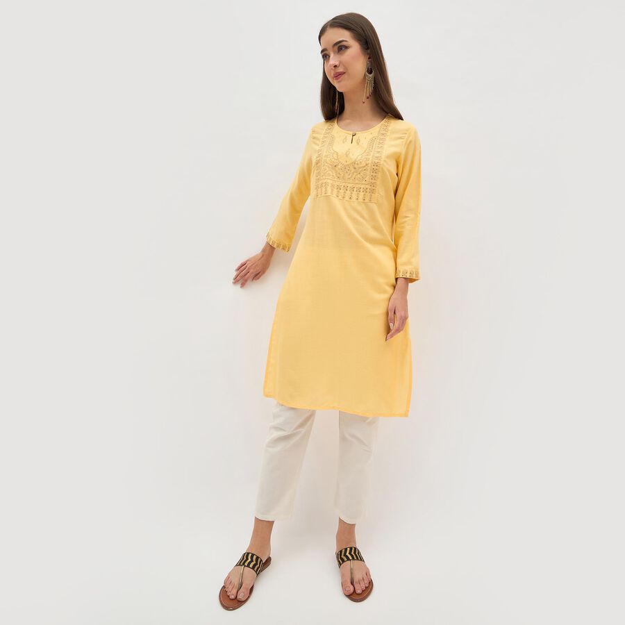 Women's Bright Mustard Yellow Round Neck Embroidered Kurta, Yellow, large