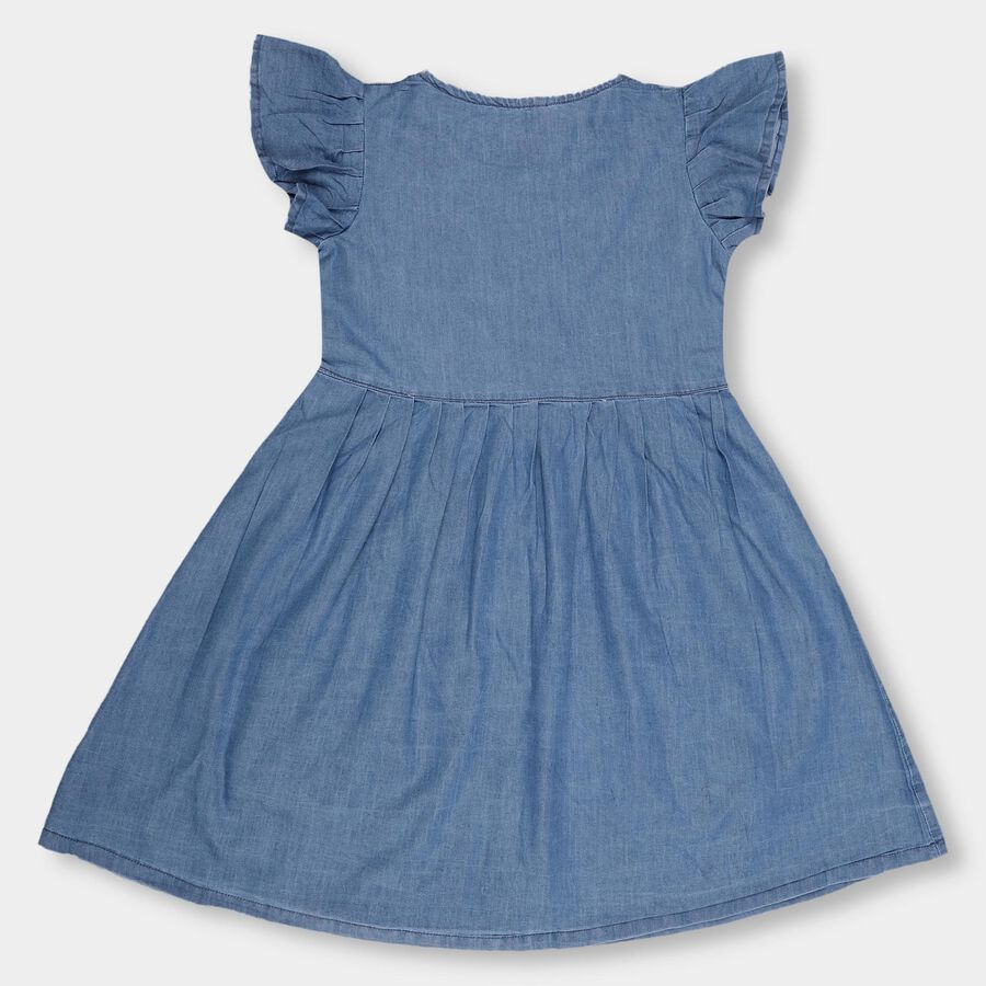 Girls' Light Denim Blue Embroidered A-Line Frock, मध्यम नीला, large image number null