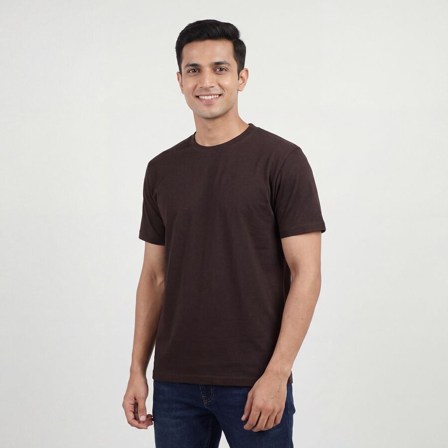 Men's Brown Cotton Round Neck Casual T-Shirt, भूरा, large
