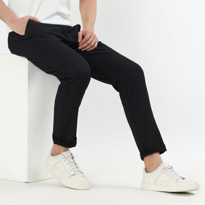 Men's Jet Black Slim Fit Flat-Front Casual Trousers