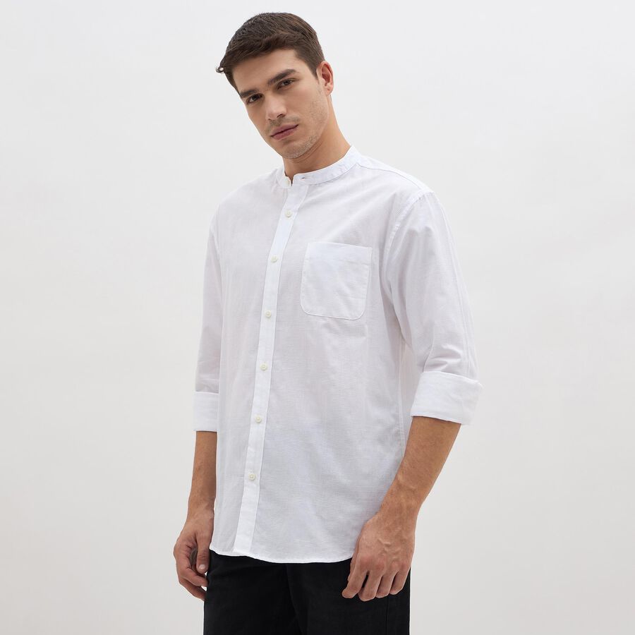 Men's Snow White Cotton Mandarin Collar Casual Shirt, सफ़ेद, large image number null