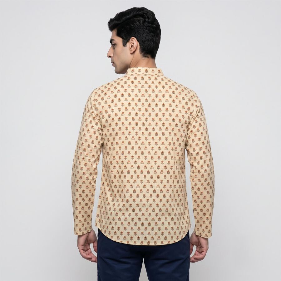 Men's Beige Cotton Mandarin Collar Printed Kurta, गहरा पीला, large