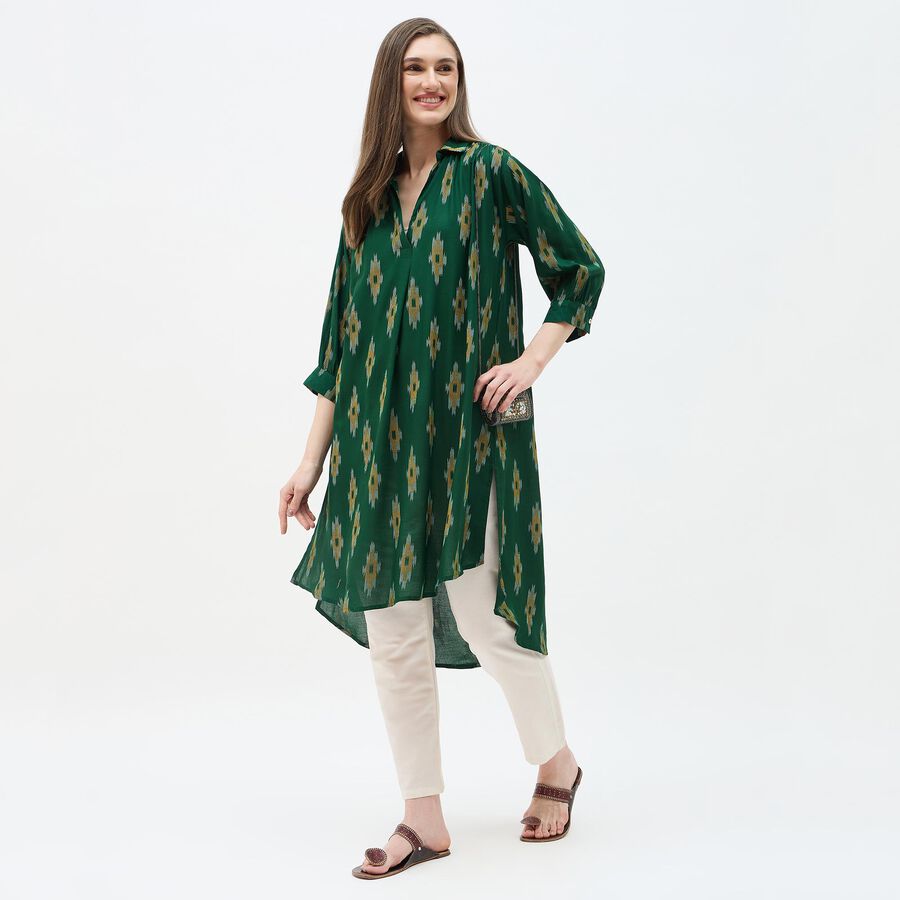 Women's Dark Green Mandarin Collar Straight Kurta, Dark Green, large