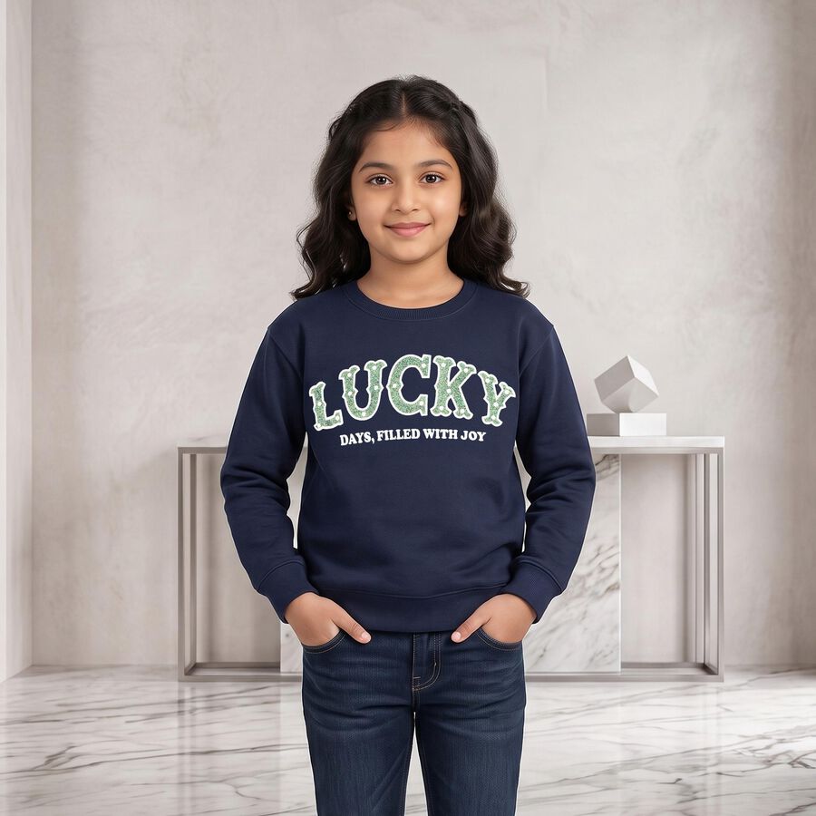 Girls' Navy Blue Crew Neck Pullover Sweatshirt, नेवी ब्लू, large
