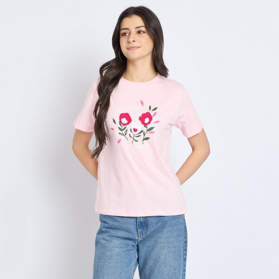 Ladies' 100% Cotton Round Neck T-Shirt, गुलाबी, large