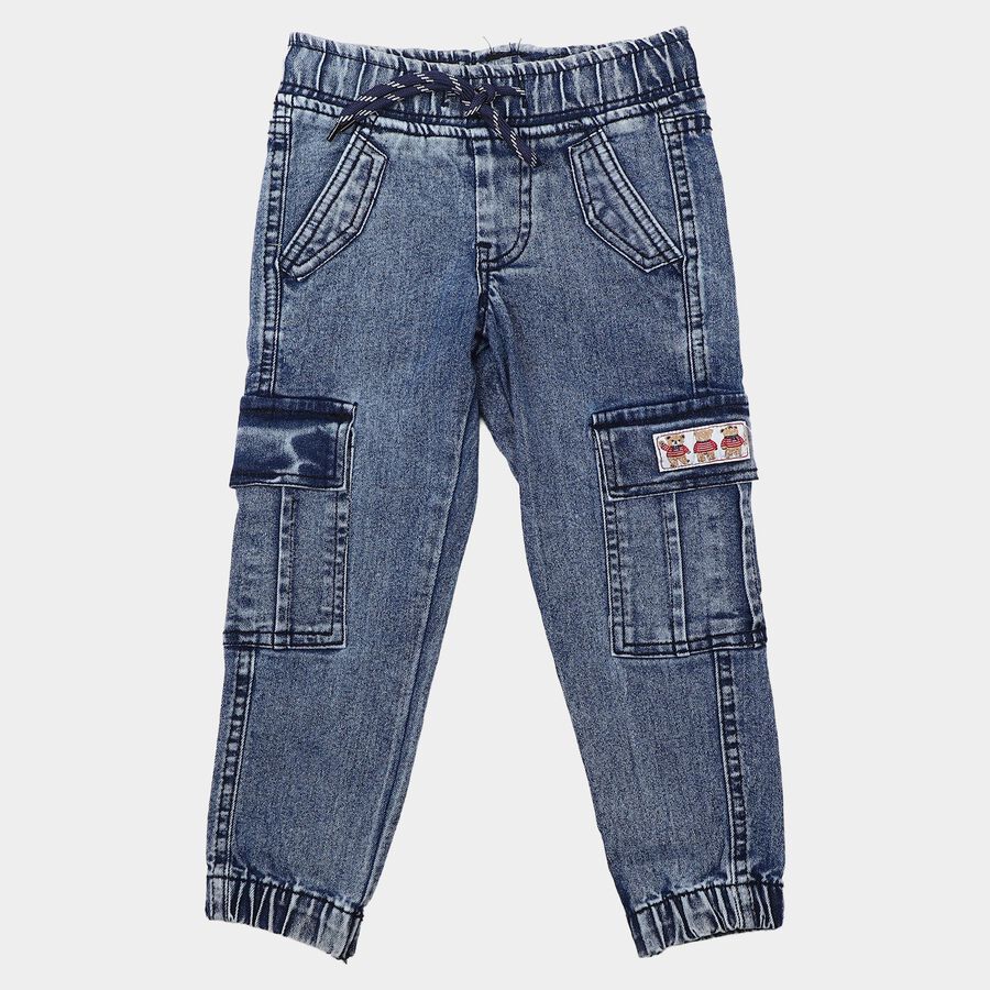 Boys Blue Jogger Fit Washed Cargo Jeans, Mid Blue, large