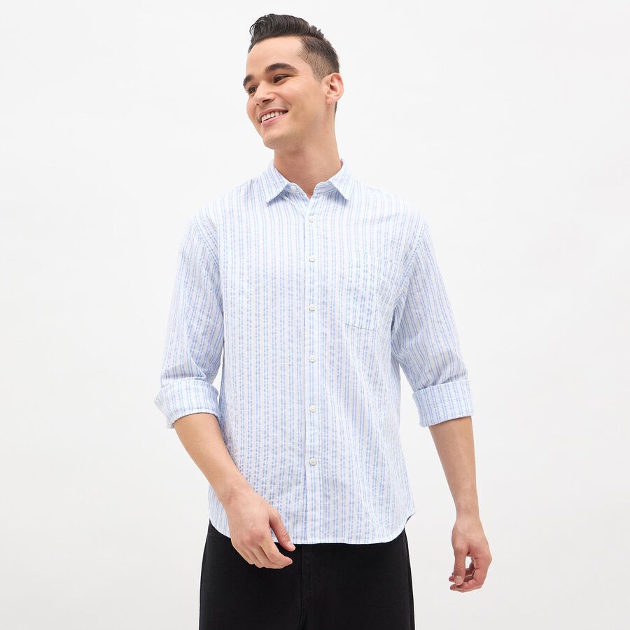 Men's White and Blue Classic Collar Striped Shirt, White, large image number null